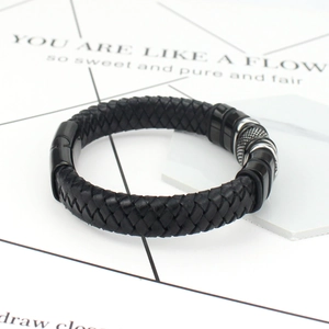 Men's black braided leather bracelet with titanium steel clasp and textured metal beads