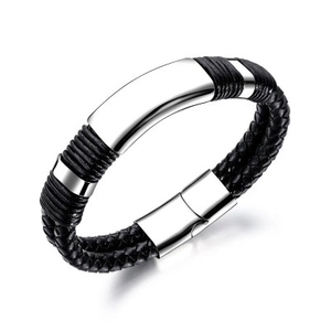Men's Minimalist Double Braid Leather Bracelet With Titanium Steel Polished Magnetic Clasp Black Silver Casual Jewelry