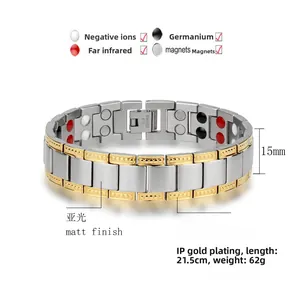 Detail of 15mm wide magnetic therapy men's bracelet with silver and gold stainless steel links