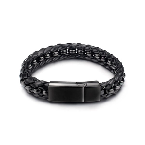 Bracelet tressé en cuir noir pour hommes avec perles métalliques mates et fermoir