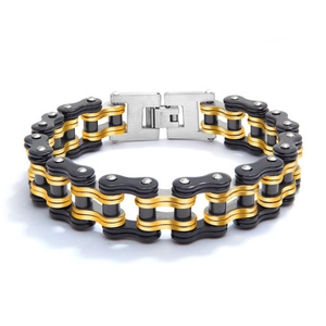 Bracelet chaîne de moto pour homme en acier titane avec finition tricolore noir, or et argent