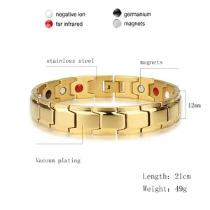 Bracelet magnétique 12mm pour hommes en acier inoxydable doré avec ions négatifs