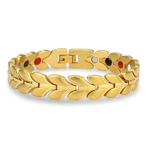 Bracelet de Magnétothérapie en Acier Inoxydable pour Hommes Design Original Épi de Blé Feuille Or Électroplaqué Bracelet Mode
