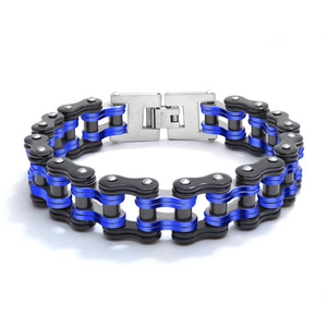 Bracelet chaîne de vélo en acier inoxydable bleu et noir pour homme avec fermoir argent