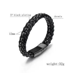 Bracelet tressé en cuir pour homme avec fermoir en acier noir IP, largeur 12 mm