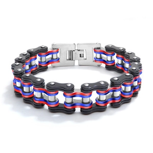 Bracelet chaîne de vélo pour homme avec maillons en acier rouge, bleu, noir et argent