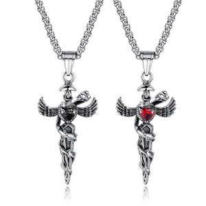 Collier Pendentif Épée Cœur Gothique en Acier Inoxydable Vintage Ailes Serpent Strass Incrusté Bijoux Cadeau pour Hommes