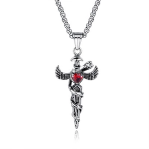 Pendentif épée gothique avec pierre coeur rouge et ailes sur chaîne en acier inoxydable