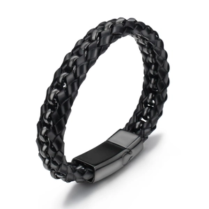 Bracelet Homme en Cuir Tressé Noir Avec Fermoir Magnétique en Acier Inoxydable Style Punk Bijoux Cadeau Pour Lui