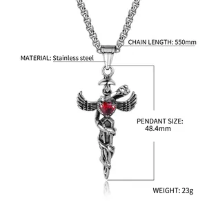 Collier gothique pour homme en acier inoxydable avec pierre cœur rouge et serpent