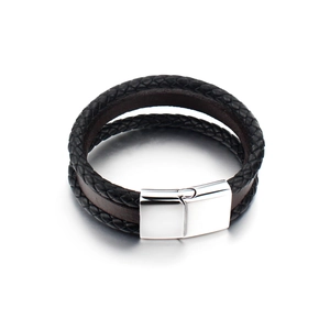 Double-layered braided leather bracelet with silver polished metal clasp for men
