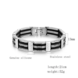 Herren Armband aus schwarzem Silikon und 13mm silbernem Edelstahl-Gliederarmband