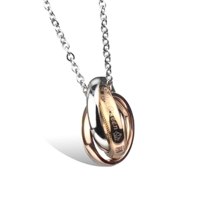 Three-tone interlocking ring pendant necklace with His Queen engraving and pink crystal
