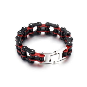 Chunky red and black stainless steel motorcycle bike chain bracelet for men with silver clasp