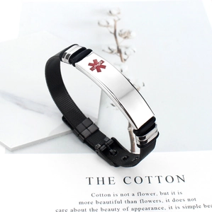 Black stainless steel medical alert bracelet with red Star of Life and adjustable mesh band