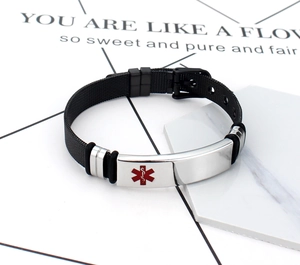 Black mesh stainless steel medical alert bracelet with polished silver plate and red logo