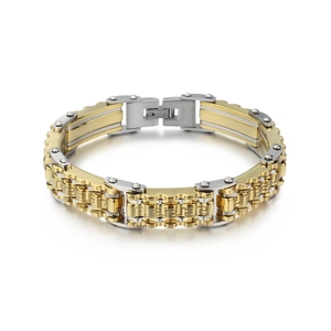 Detail of men's titanium steel link bracelet with gold Greek fret patterns and silver finish