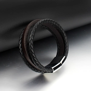 Three-layer woven leather bracelet for men with magnetic metal clasp in black and brown