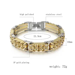 Polished men's stainless steel bracelet in silver and gold tone with watchband style links