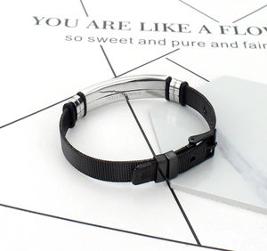 Men's minimalist black stainless steel medical logo mesh bracelet with adjustable buckle