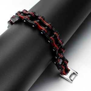 Thick red and black stainless steel motorcycle chain bracelet with silver metal buckle clasp