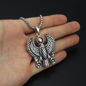 Ägyptischer Horus-Adler Ankh Kreuzanhänger aus Edelstahl mit runder Perlenkette
