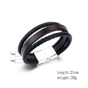 Men's triple-layer braided leather bracelet with silver magnetic clasp in black and brown