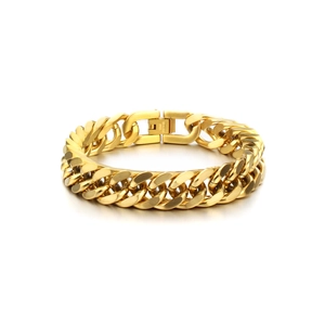 Close-up of golden stainless steel Cuban link bracelet with durable square buckle