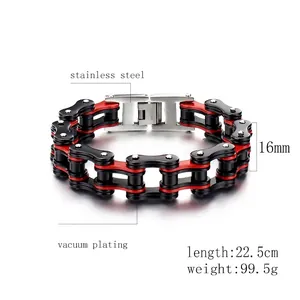 Men's 16mm thick stainless steel motorcycle bike chain bracelet in black and red finish