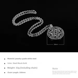 Détails des dimensions du pendentif hexagramme en acier avec gravure de runes