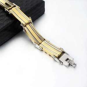 Men's heavy duty gold and silver stainless steel chain bracelet with folding clasp