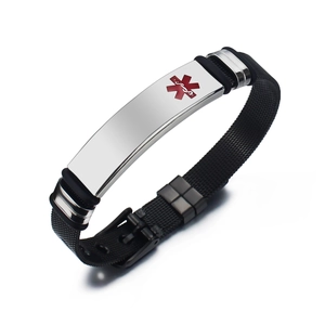Medical Alert Bracelet For Men Stainless Steel Black Mesh Band ID Bracelet Star Of Life Symbol Adjustable Health Identification