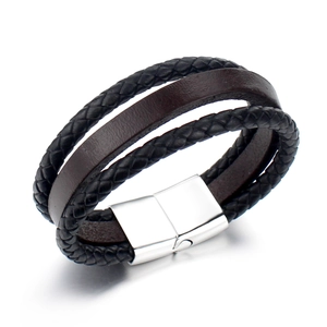 Men's Minimalist Triple Layer Braided Leather Bracelet With Stainless Steel Magnetic Clasp Trendy Black Brown Hand Jewelry