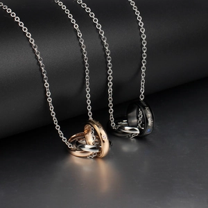 Titanium steel interlocking rings necklace with Her King engraving and crown detail