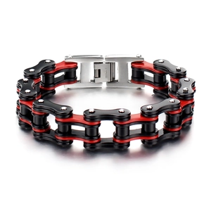 Men's Stainless Steel Heavy Duty Bicycle Chain Bracelet Biker Style Red Black Plated Industrial Motorcycle Wristband Jewelry