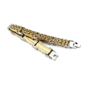 Men's two-tone gold and silver stainless steel mechanical link bracelet with folding clasp