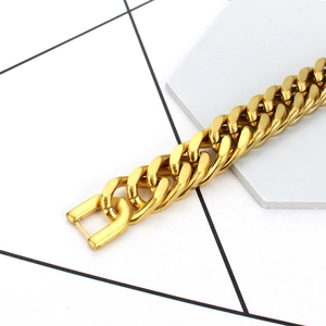 Polished gold titanium steel Cuban link bracelet for men with flat double-buckle design