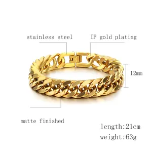 12mm gold cuban link bracelet for men in matte finished stainless steel 21cm