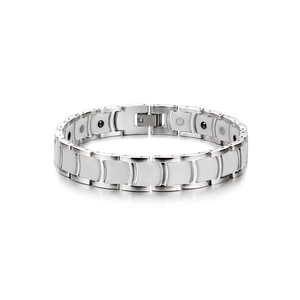 Detail of 12mm stainless steel men's bracelet with white ceramic links and magnetic dots