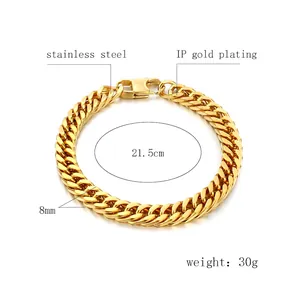 Bracelet gourmette 8mm en acier inoxydable doré pour homme avec longueur de 21,5cm spécifiée