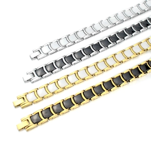 Detail view of 12mm stainless steel and ceramic link bracelets in four colors