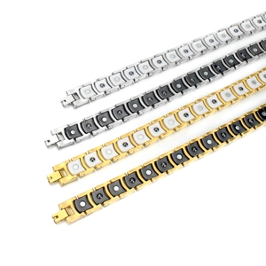 Close-up of 12mm stainless steel ceramic magnetic bracelets in gold and silver finishes