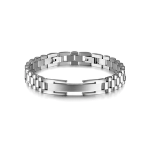 Macro shot of silver stainless steel watch-style bracelet with polished texture