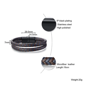 Detail view of woven leather bracelet with 19cm length and magnetic stainless steel clasp