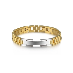 Detail of bicolour steel watch strap style bracelet with stainless steel engraving