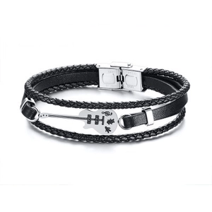 Bracelet Multicouche en Cuir pour Hommes Avec Pendentif Guitare en Acier Inoxydable Note de Musique Style Punk Rock Bijoux