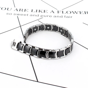 Polished silver stainless steel and black ceramic magnetic therapy bracelet for men
