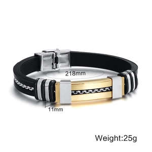 Detail view of black silicone bracelet with stainless steel chain and 218mm length specs