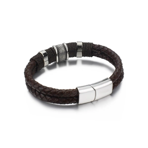 Men's double-layer brown woven leather bracelet with polished stainless steel magnetic clasp