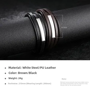 Detail view of multi-layer PU leather wrap bracelets with silver stainless steel plates